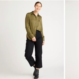 Olive Green silk shirt long sleeve button up size Large